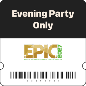 Event ticket stub on black card reading 'Evening Party Only' with EPIC logo and a barcode for scanning