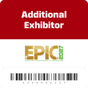 Red banner reads 'Additional Exhibitor' above a white section with the EPIC 2027 logo and a barcode below.