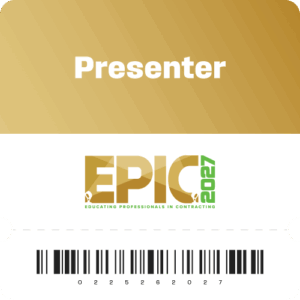 Presenter badge with a gold gradient top reading 'Presenter', EPIC 2027 logo in the middle, and a barcode at the bottom.